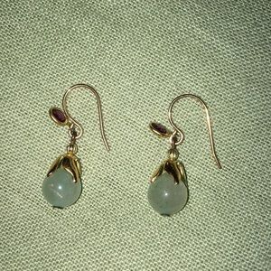 Gold Hook Earrings with Jade Colored Stone